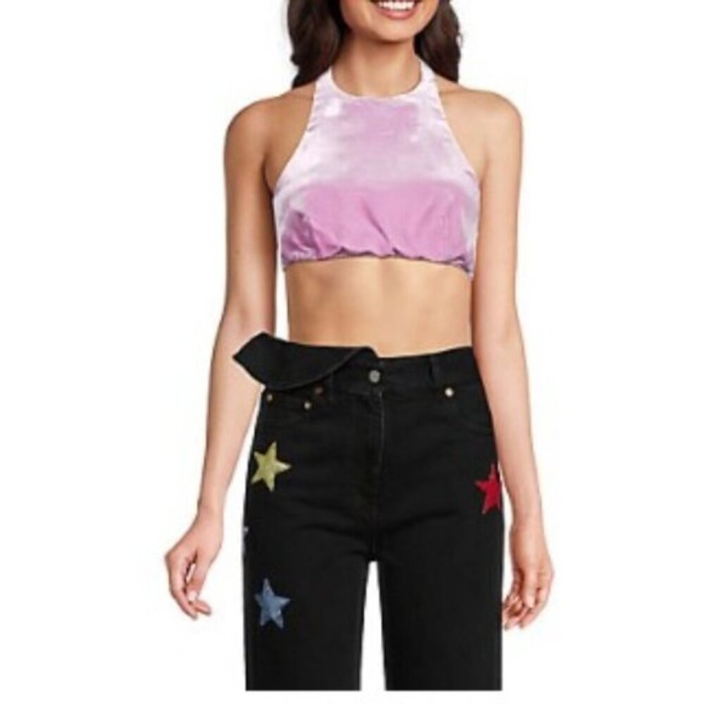 Valentino Velvet Halter Crop Top In Water Lilac